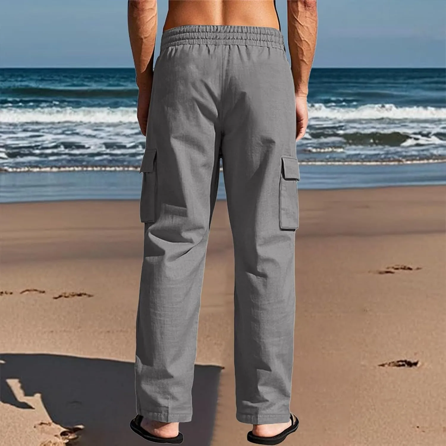 lcyhony Linen Cargo Pants for Men Relaxed fit Elastic Waist Drawstring Linen Pants Summer Casual Yoga Beach Pant with Pockets