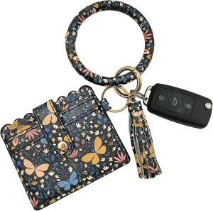 Leather key ring bracelet Wallet Circle wristlet bangle keychain with Credit Card holder Tassel Purse for Womens Girls Flower Floral Purple