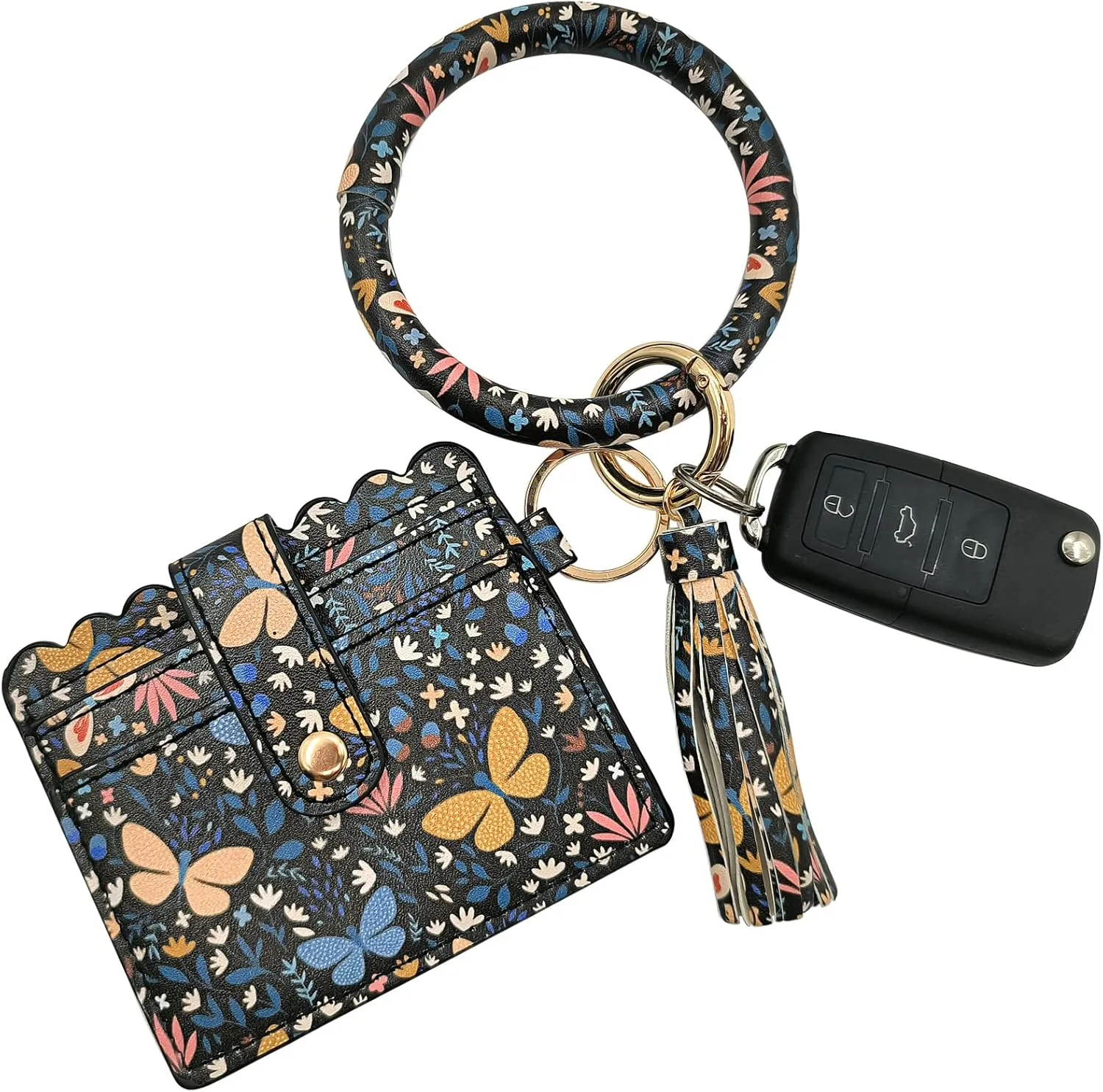 Leather key ring bracelet Wallet Circle wristlet bangle keychain with Credit Card holder Tassel Purse for Womens Girls Flower Floral Purple