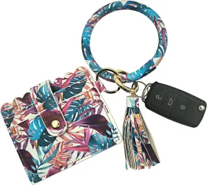 Leather key ring bracelet Wallet Circle wristlet bangle keychain with Credit Card holder Tassel Purse for Womens Girls Flower Floral Red, Regular