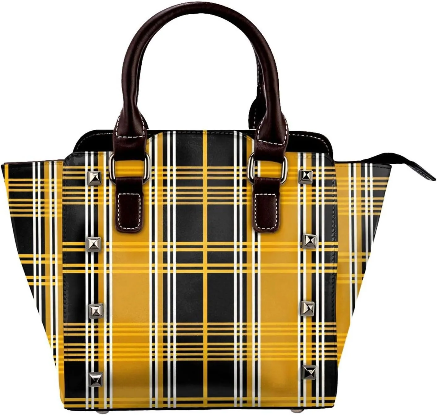 Leather Shoulder Bag for Women, Yellow Checked Studded Purse Buffalo Plaid Crossbody Handbags Punk Hobo Bag with Adjustable Strap