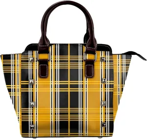 Leather Shoulder Bag for Women, Yellow Checked Studded Purse Buffalo Plaid Crossbody Handbags Punk Hobo Bag with Adjustable Strap