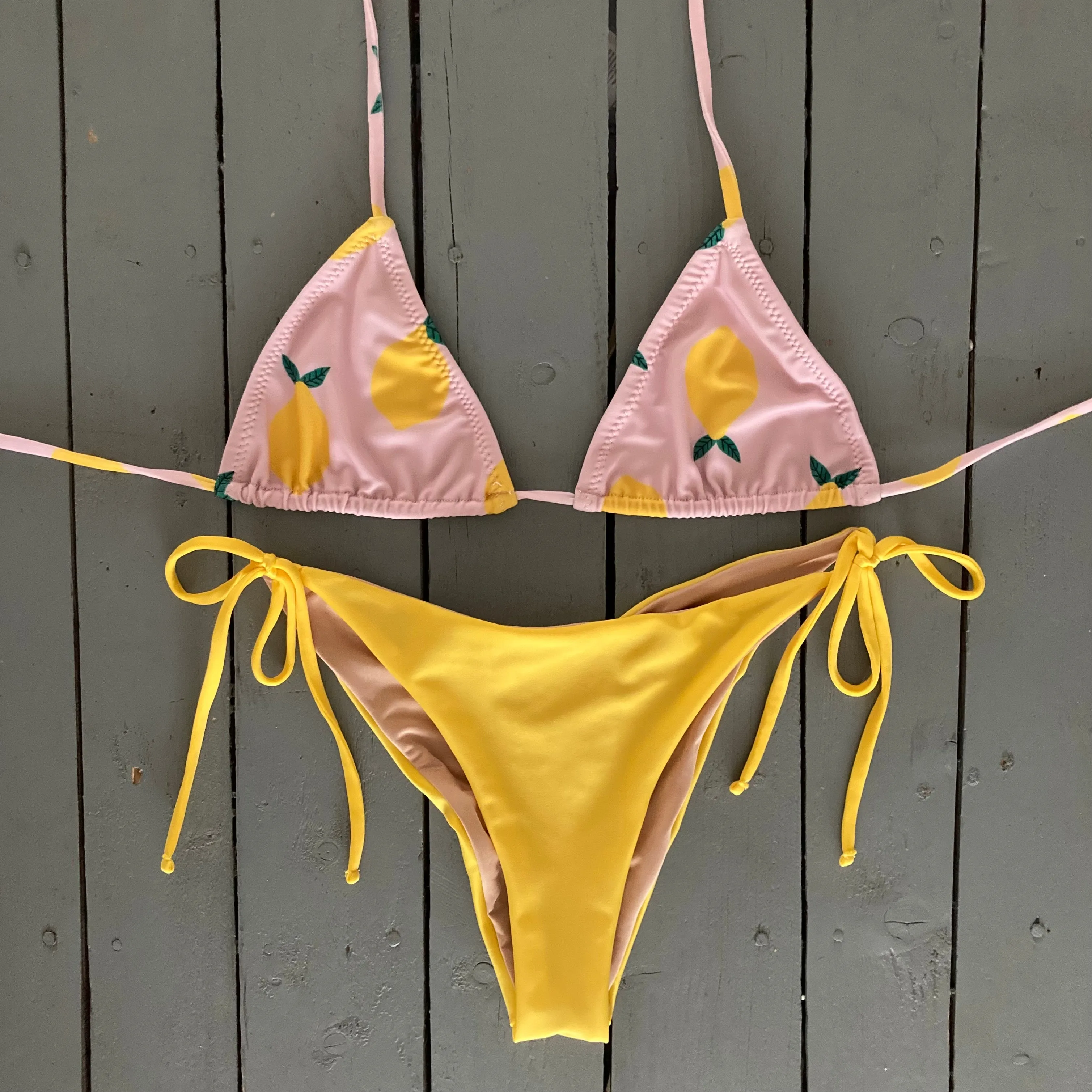 Lemon Print Adjustable Triangle Bikini Top