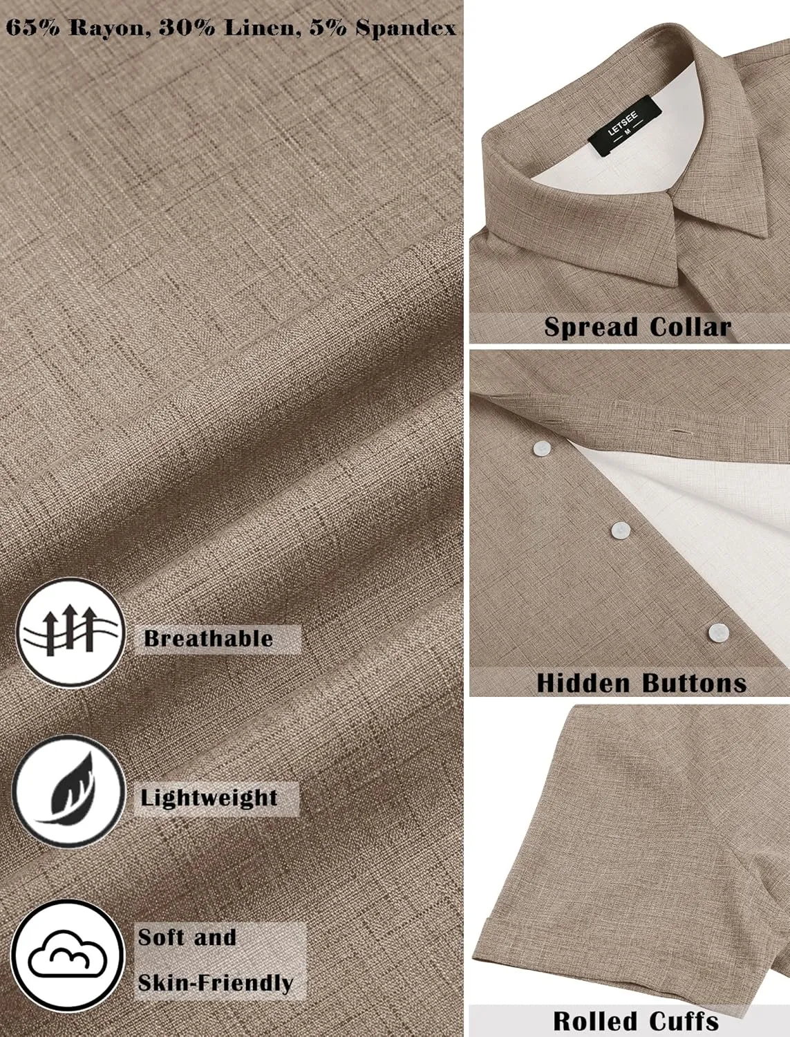 LETSEE Men's Linen Shirts Short Sleeve Button Down Casual Dress Shirts for Men Beach Vacation Shirt Fashion Summer Clothes