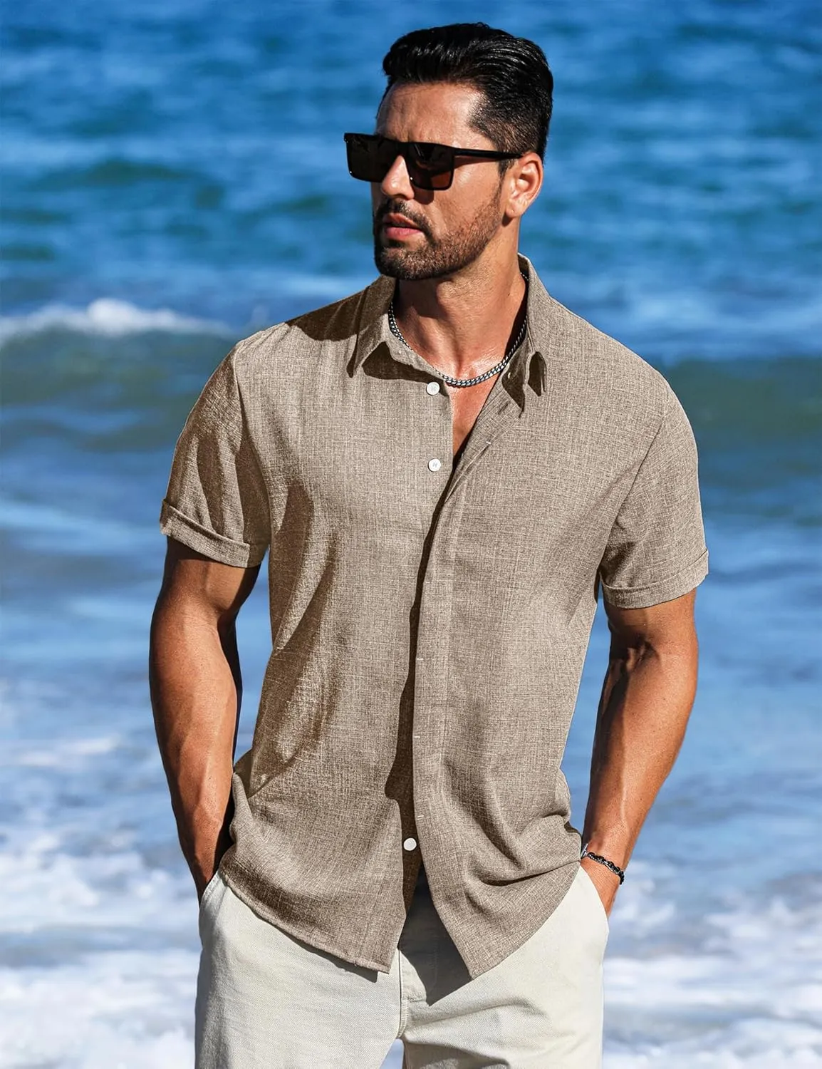 LETSEE Men's Linen Shirts Short Sleeve Button Down Casual Dress Shirts for Men Beach Vacation Shirt Fashion Summer Clothes
