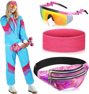 Leumoi Women 80s Tracksuit Retro Outfit for Women Men Disco Costume Accessories Set Rave Hoodie Colorblock Windbreaker Set