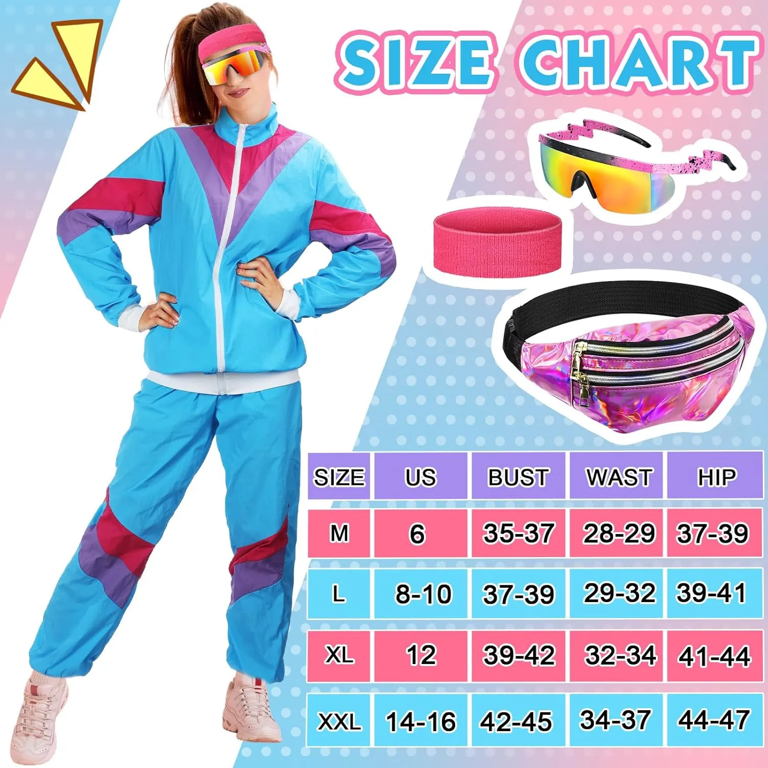 Leumoi Women 80s Tracksuit Retro Outfit for Women Men Disco Costume Accessories Set Rave Hoodie Colorblock Windbreaker Set
