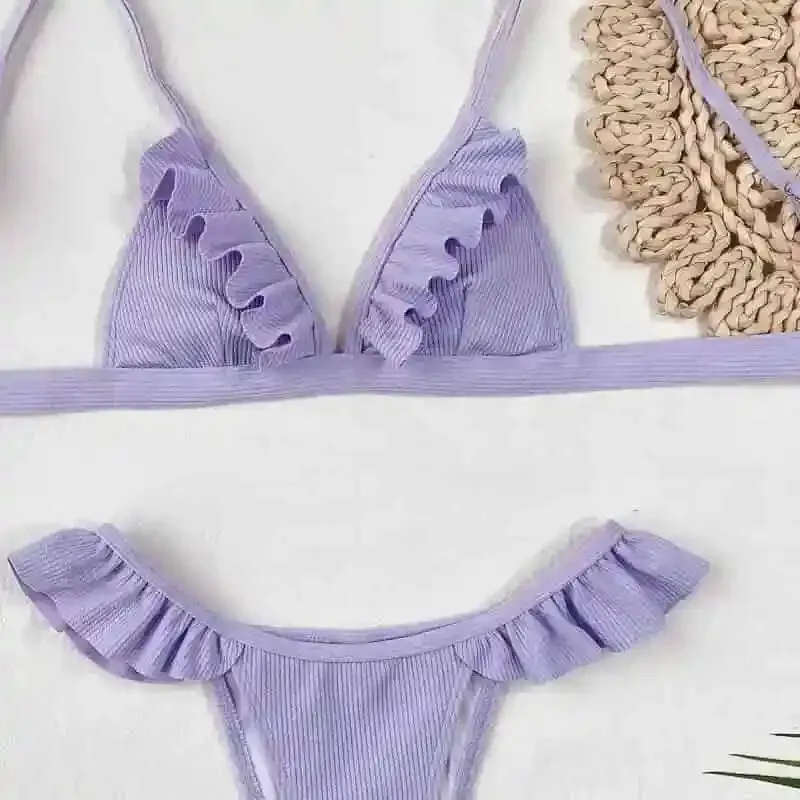 Light Purple Ruffle Striped Swimsuit Set