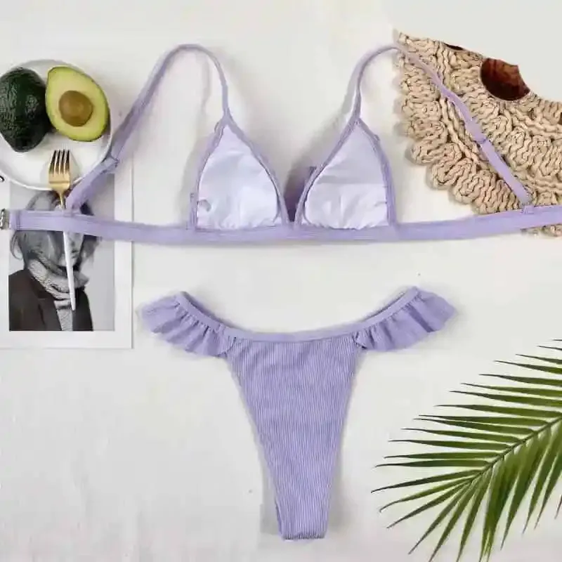 Light Purple Ruffle Striped Swimsuit Set