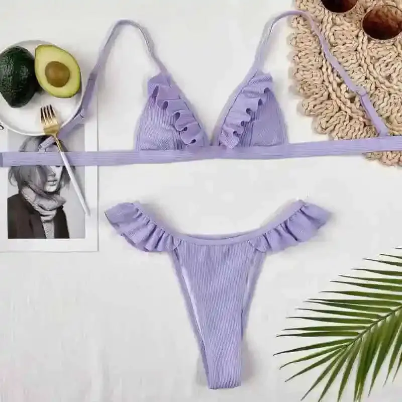 Light Purple Ruffle Striped Swimsuit Set