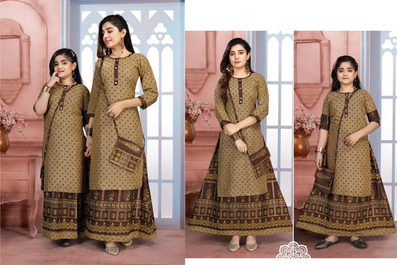 Like Mom Like Daughter Brown Stylish Printed Rayon Kurti With Skirt & Purse