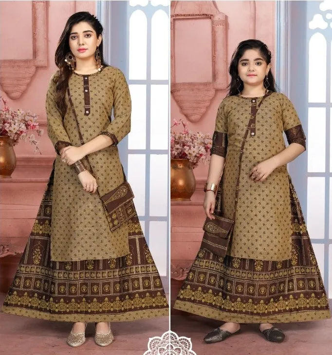 Like Mom Like Daughter Brown Stylish Printed Rayon Kurti With Skirt & Purse