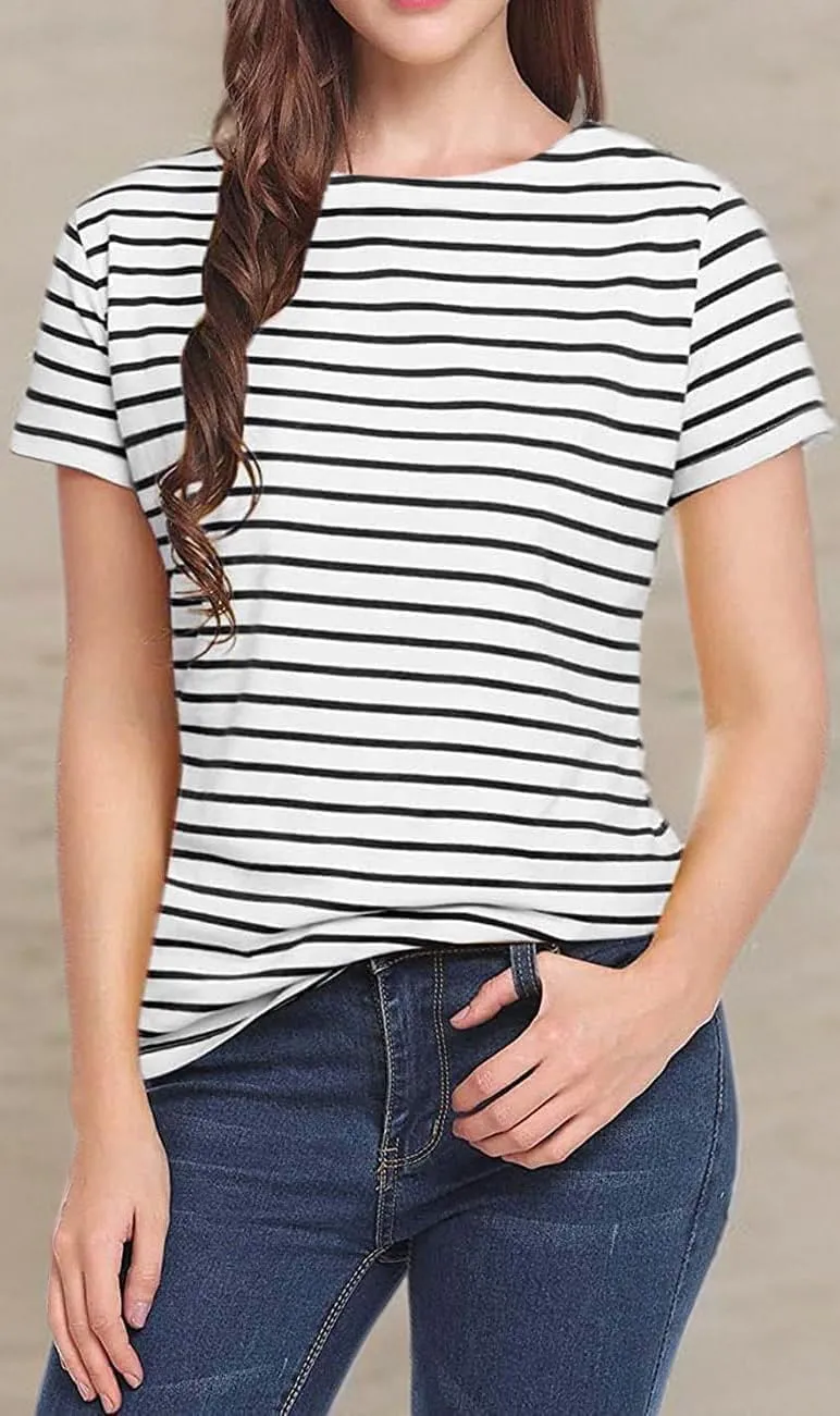 LilyCoco Women's Short Sleeve Striped Shirt Summer Crewneck T Shirt Basic Tops