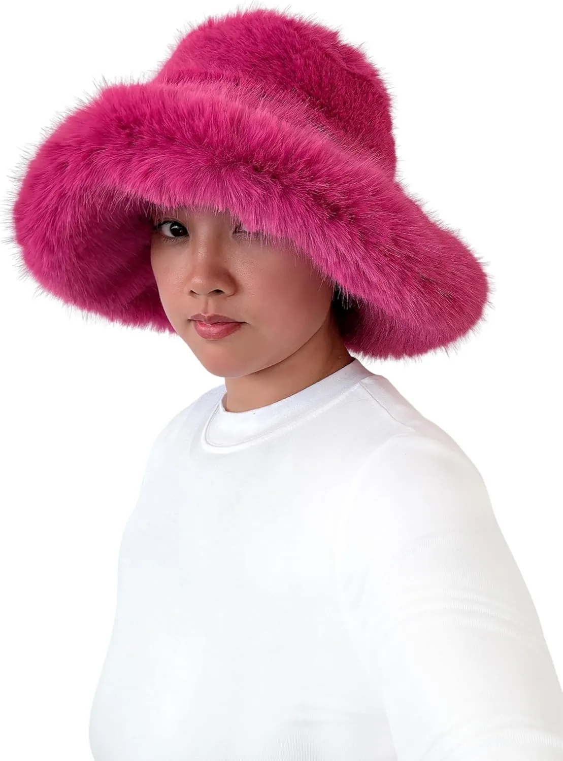 Lina & Lily Oversized Winter Faux Fur Bucket Hat for Women - Long Pile Fur Wide Moldable Brim