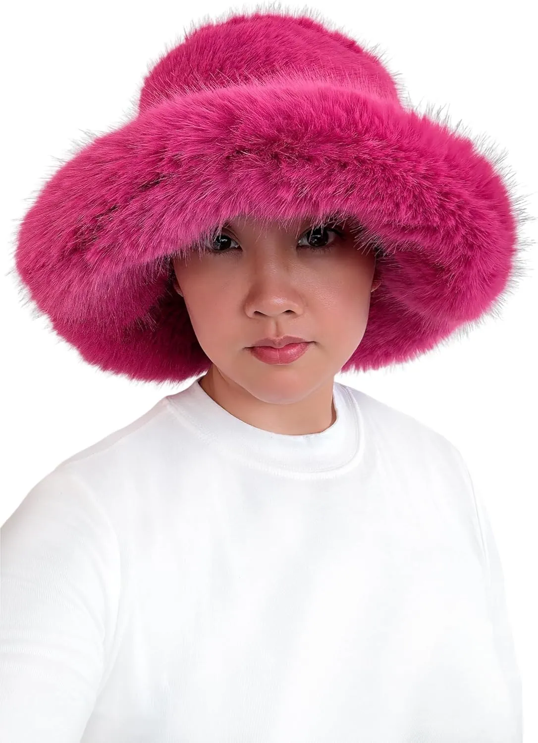 Lina & Lily Oversized Winter Faux Fur Bucket Hat for Women - Long Pile Fur Wide Moldable Brim