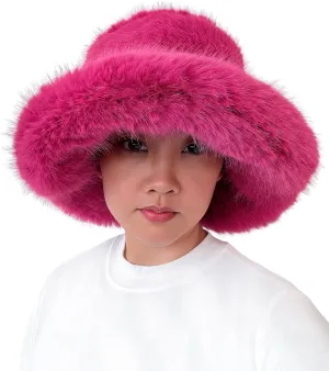 Lina & Lily Oversized Winter Faux Fur Bucket Hat for Women - Long Pile Fur Wide Moldable Brim