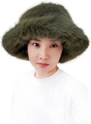 Lina & Lily Oversized Winter Faux Fur Bucket Hat for Women - Long Pile Fur Wide Moldable Brim