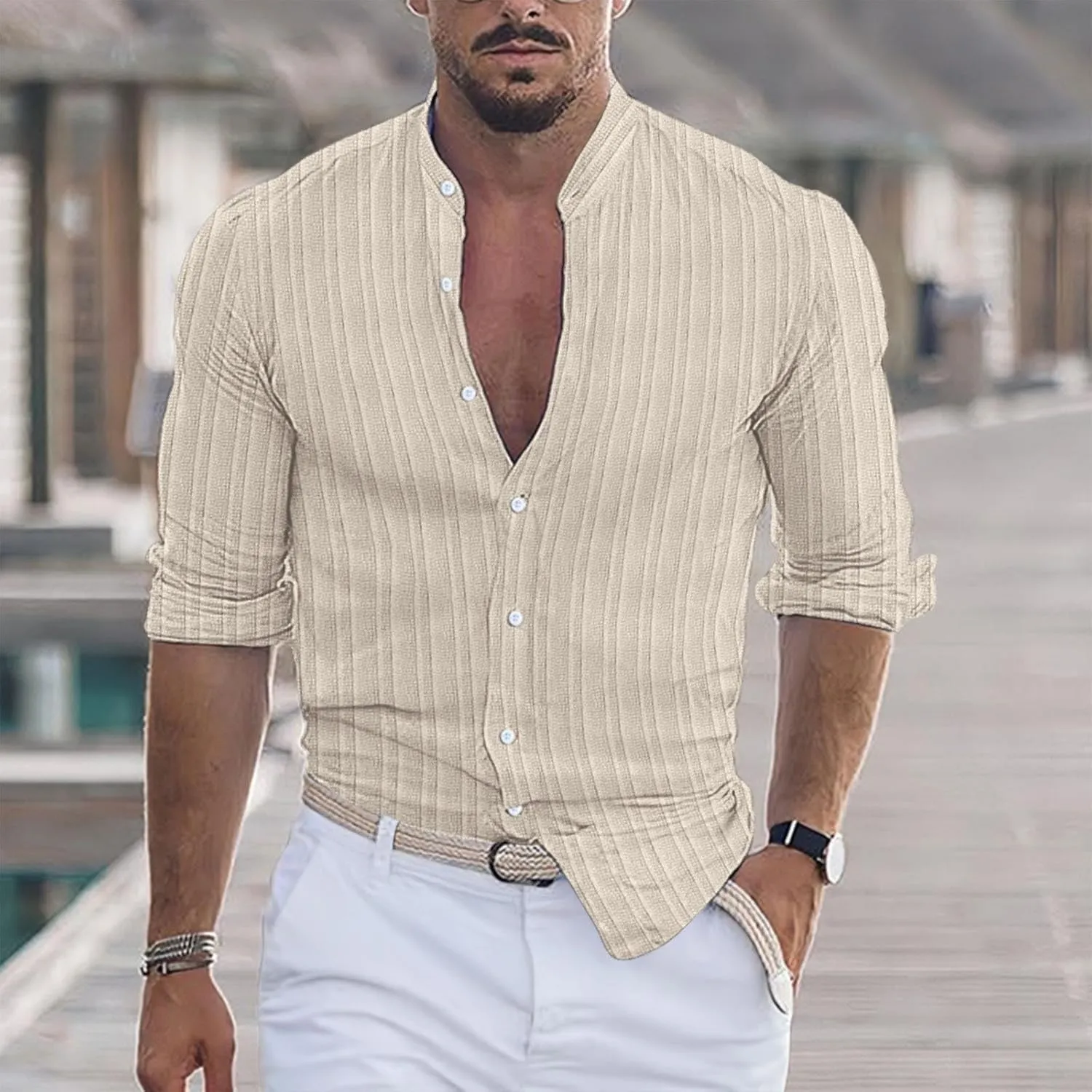 Linen Button Down Shirt Men Striped Long Sleeve Banded Collar Shirts Slim Muscle Tops Breathable Work Clothes