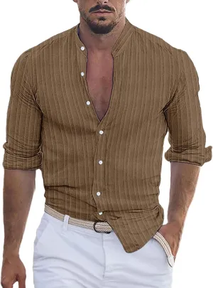 Linen Button Down Shirt Men Striped Long Sleeve Banded Collar Shirts Slim Muscle Tops Breathable Work Clothes