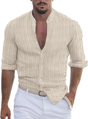 Linen Button Down Shirt Men Striped Long Sleeve Banded Collar Shirts Slim Muscle Tops Breathable Work Clothes