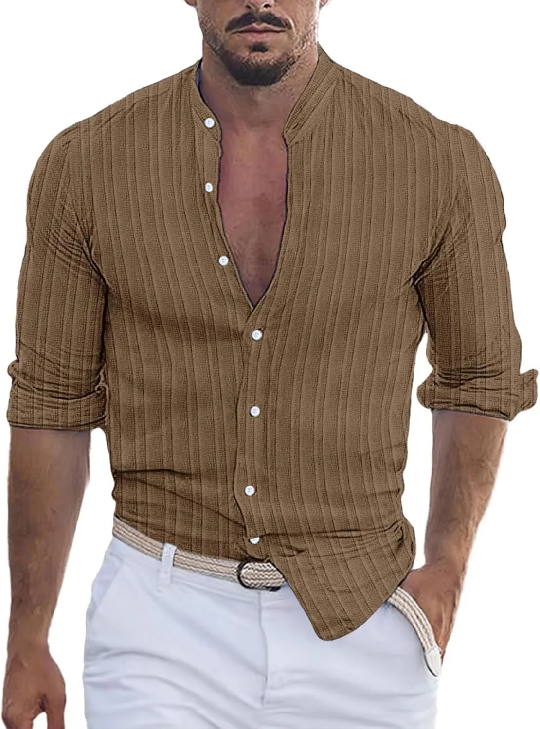 Linen Button Down Shirt Men Striped Long Sleeve Banded Collar Shirts Slim Muscle Tops Breathable Work Clothes