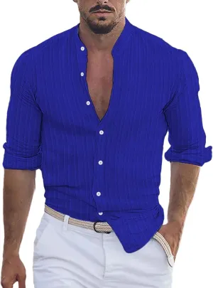 Linen Button Down Shirt Men Striped Long Sleeve Banded Collar Shirts Slim Muscle Tops Breathable Work Clothes