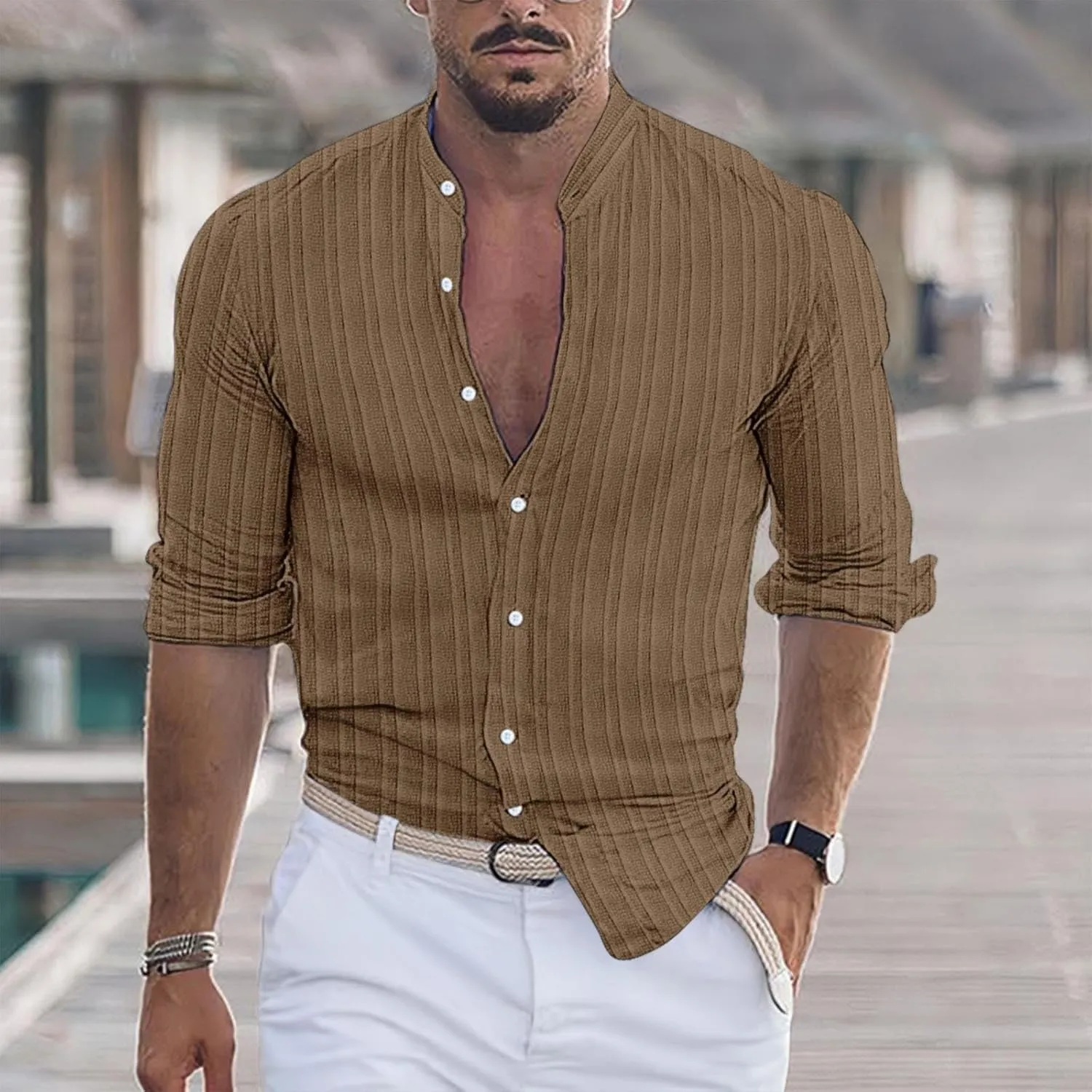 Linen Button Down Shirt Men Striped Long Sleeve Banded Collar Shirts Slim Muscle Tops Breathable Work Clothes