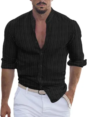 Linen Button Down Shirt Men Striped Long Sleeve Banded Collar Shirts Slim Muscle Tops Breathable Work Clothes