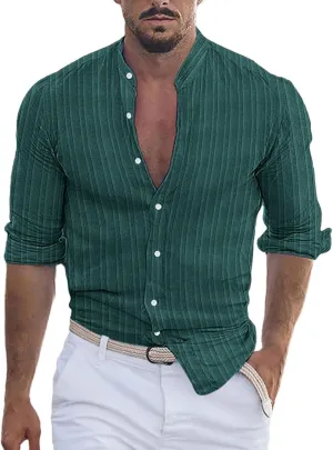 Linen Button Down Shirt Men Striped Long Sleeve Banded Collar Shirts Slim Muscle Tops Breathable Work Clothes