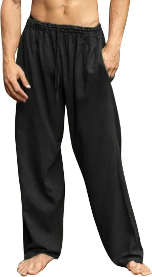 Linen Cotton Yoga Pants for Men Casual Loose Straight Leg Beach Pants Classic Hawaiian Beach Pants