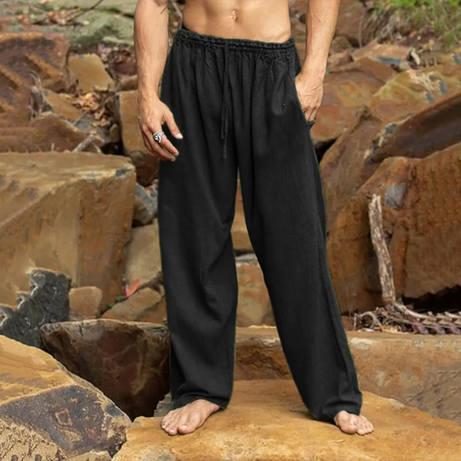 Linen Cotton Yoga Pants for Men Casual Loose Straight Leg Beach Pants Classic Hawaiian Beach Pants