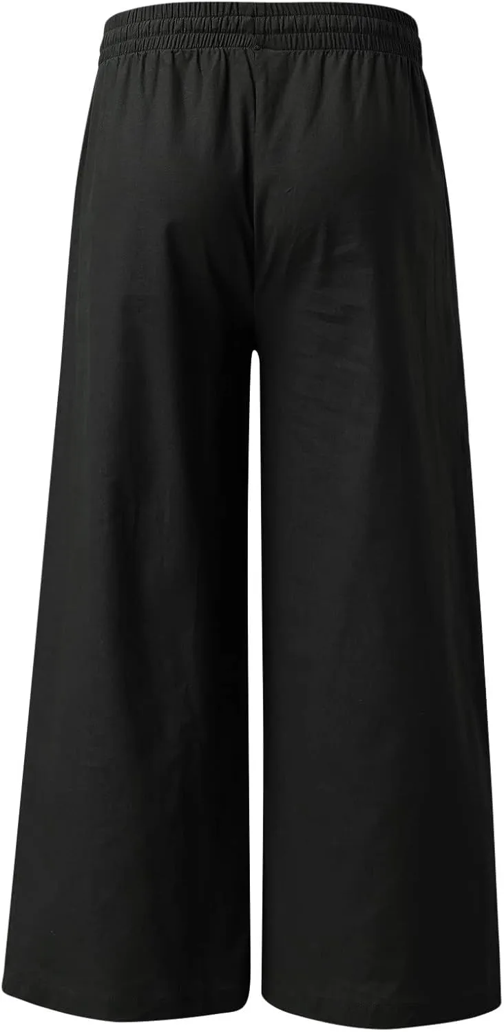 Linen Cotton Yoga Pants for Men Casual Loose Straight Leg Beach Pants Classic Hawaiian Beach Pants