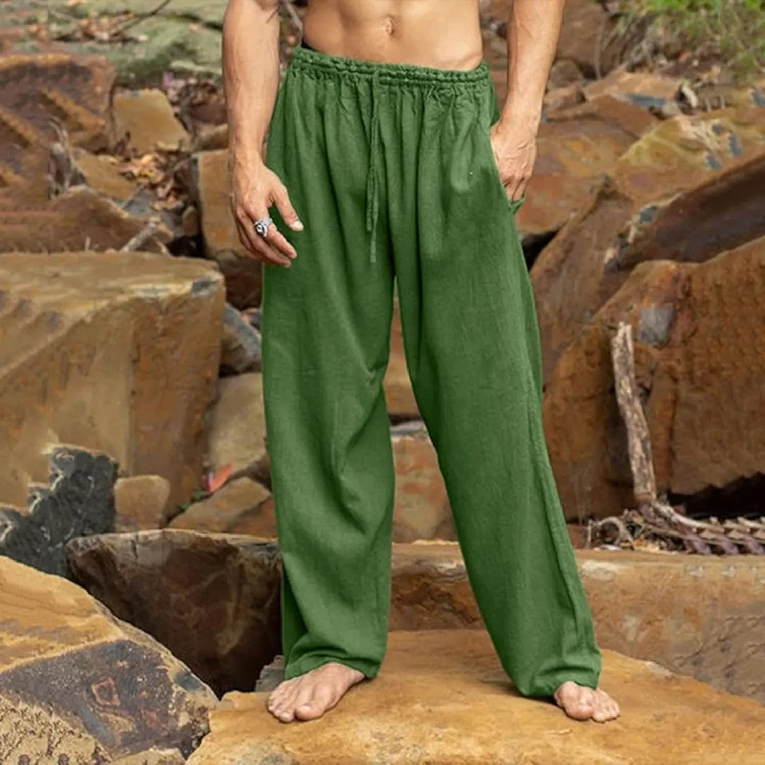Linen Cotton Yoga Pants for Men Casual Loose Straight Leg Beach Pants Classic Hawaiian Beach Pants