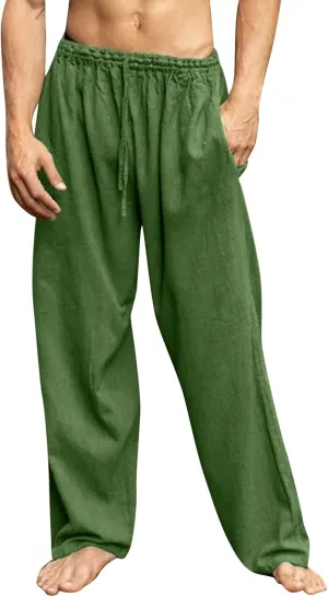 Linen Cotton Yoga Pants for Men Casual Loose Straight Leg Beach Pants Classic Hawaiian Beach Pants