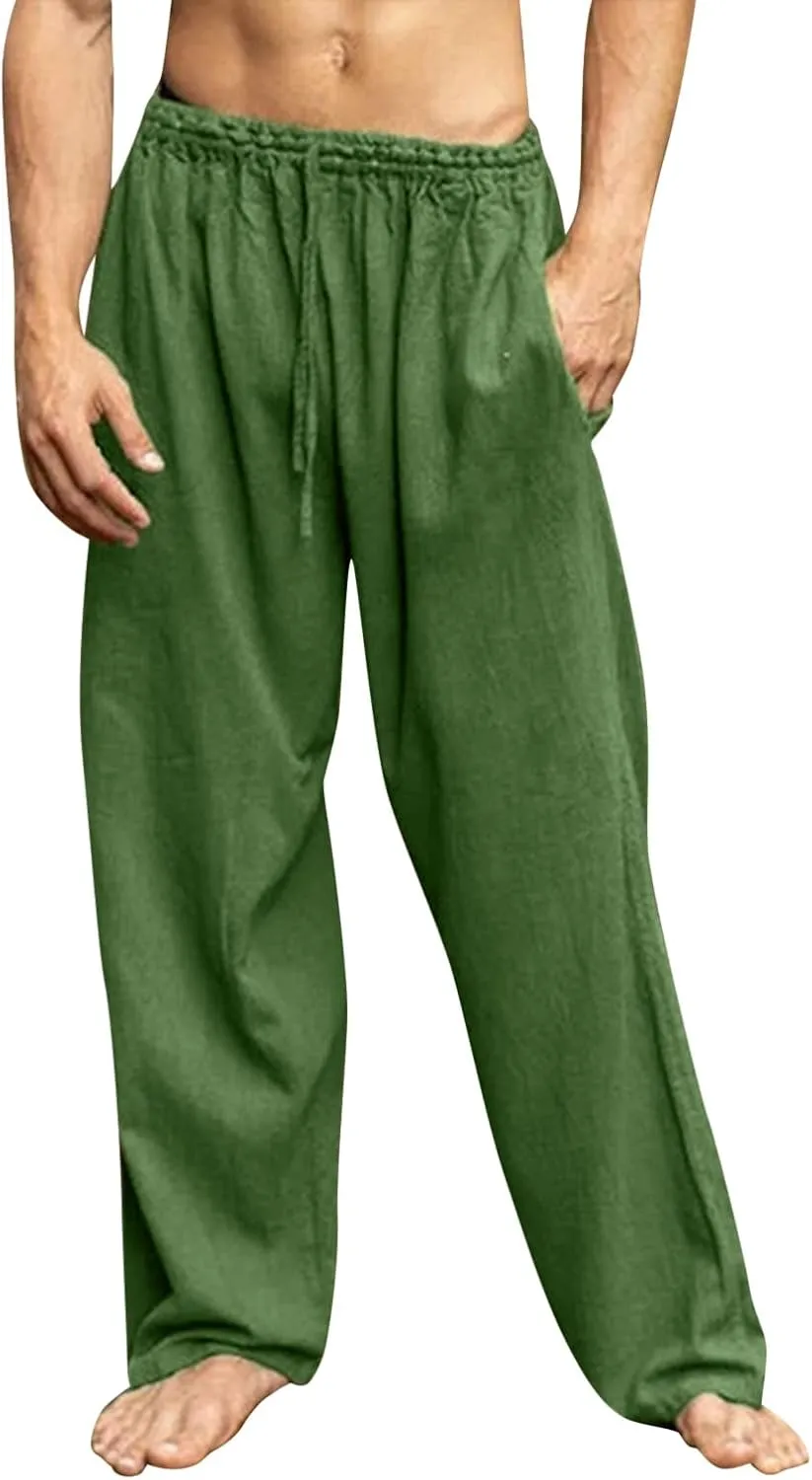 Linen Cotton Yoga Pants for Men Casual Loose Straight Leg Beach Pants Classic Hawaiian Beach Pants