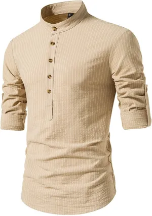 Linen Henley Shirts for Men Long Sleeve Striped Tshirts Summer Casual Work Tops Lightweight Breathable Clothes