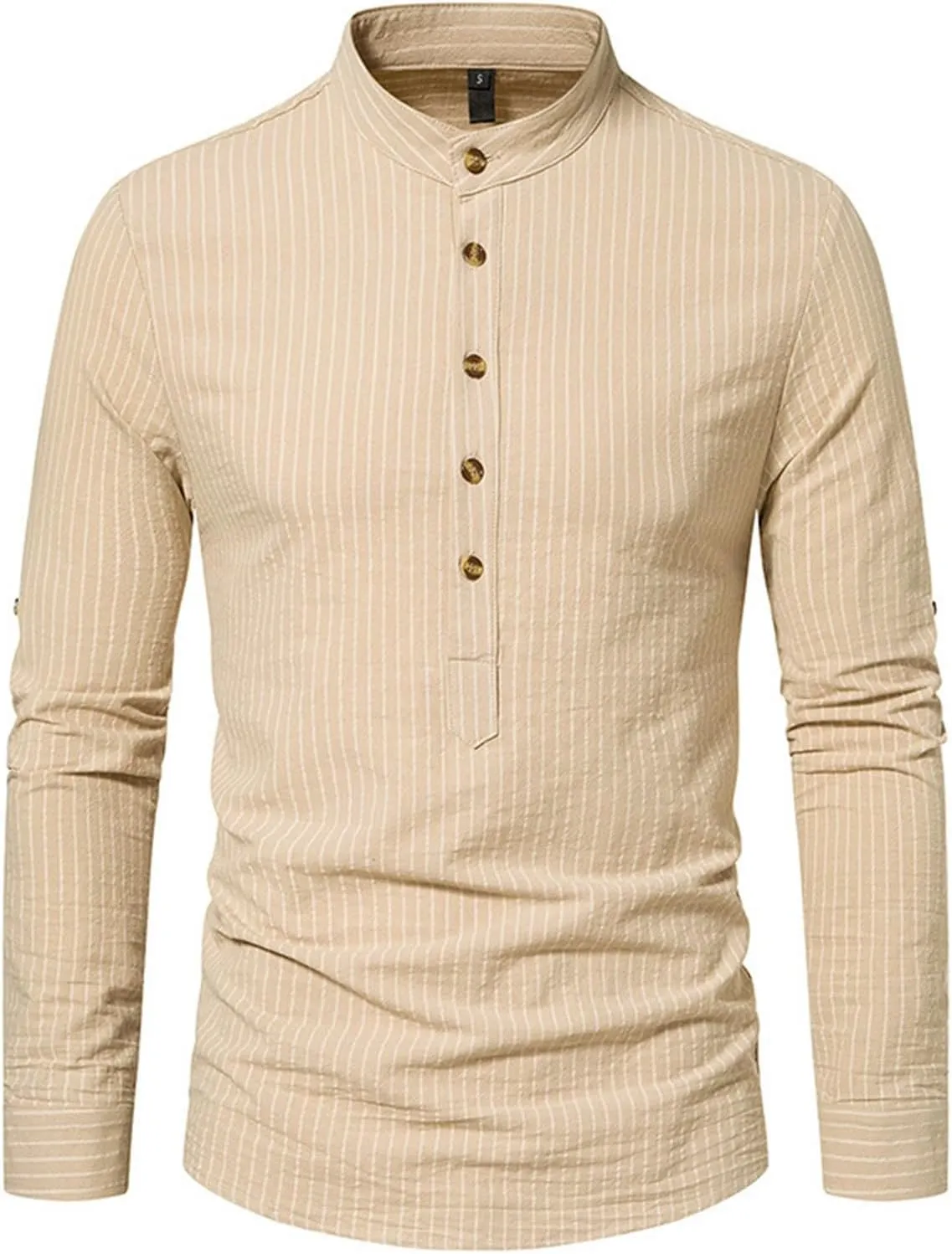 Linen Henley Shirts for Men Long Sleeve Striped Tshirts Summer Casual Work Tops Lightweight Breathable Clothes