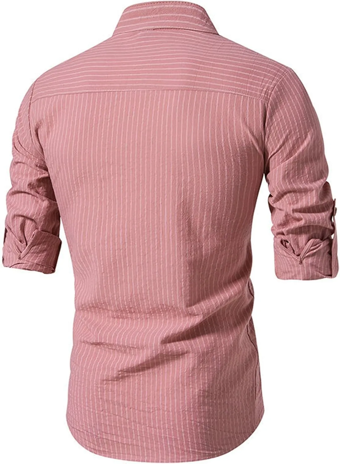 Linen Henley Shirts for Men Long Sleeve Striped Tshirts Summer Casual Work Tops Lightweight Breathable Clothes