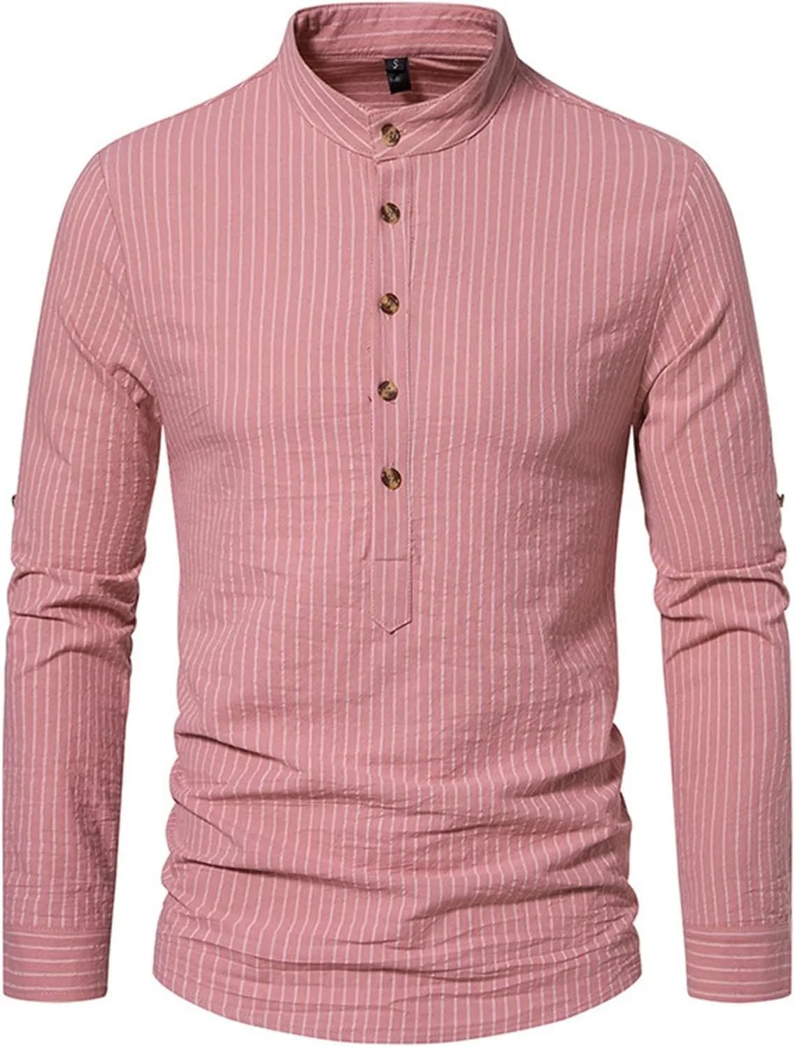 Linen Henley Shirts for Men Long Sleeve Striped Tshirts Summer Casual Work Tops Lightweight Breathable Clothes