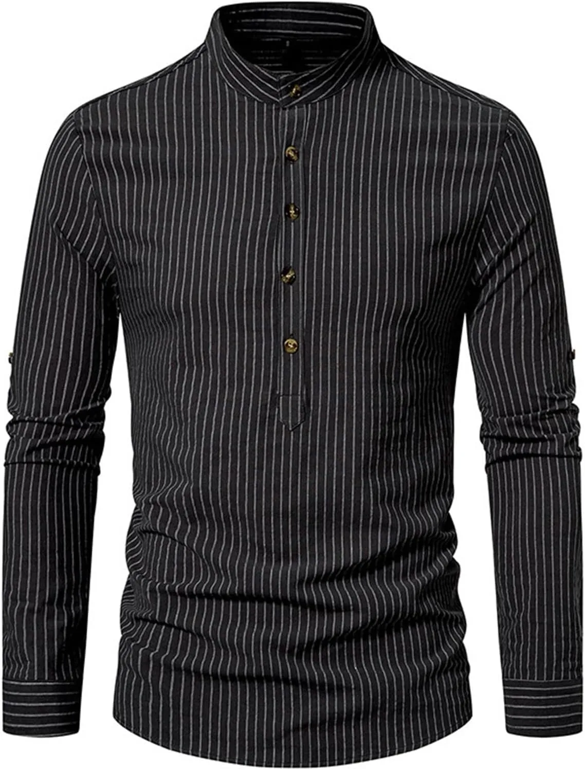 Linen Henley Shirts for Men Long Sleeve Striped Tshirts Summer Casual Work Tops Lightweight Breathable Clothes
