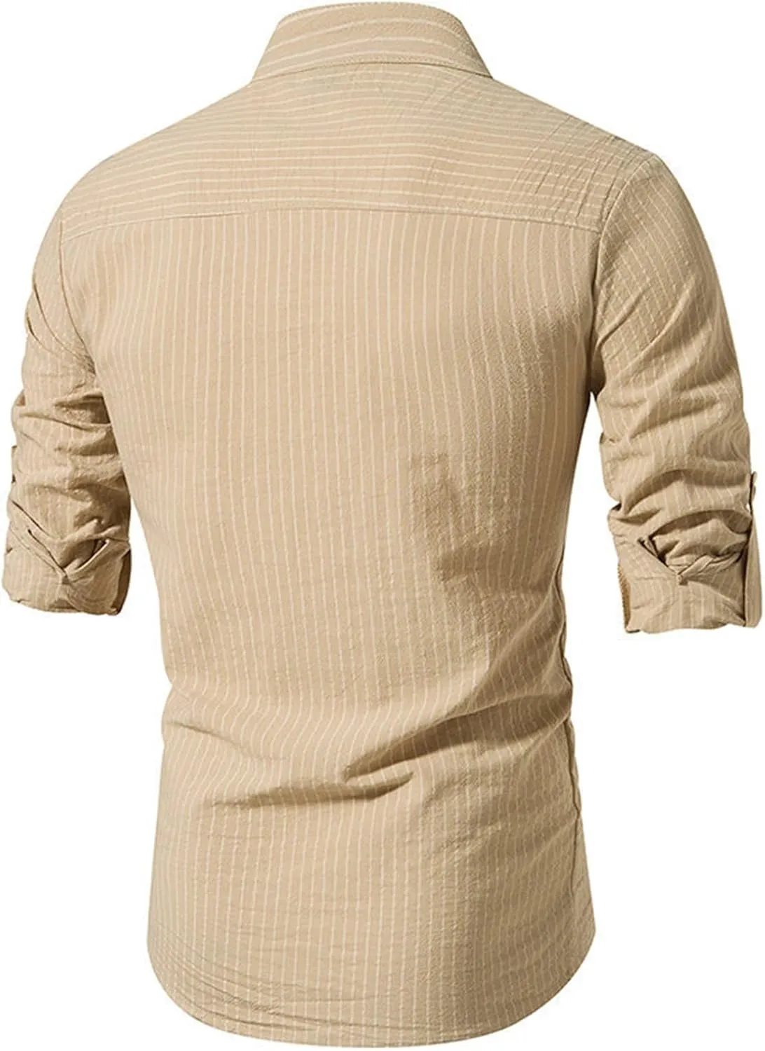 Linen Henley Shirts for Men Long Sleeve Striped Tshirts Summer Casual Work Tops Lightweight Breathable Clothes