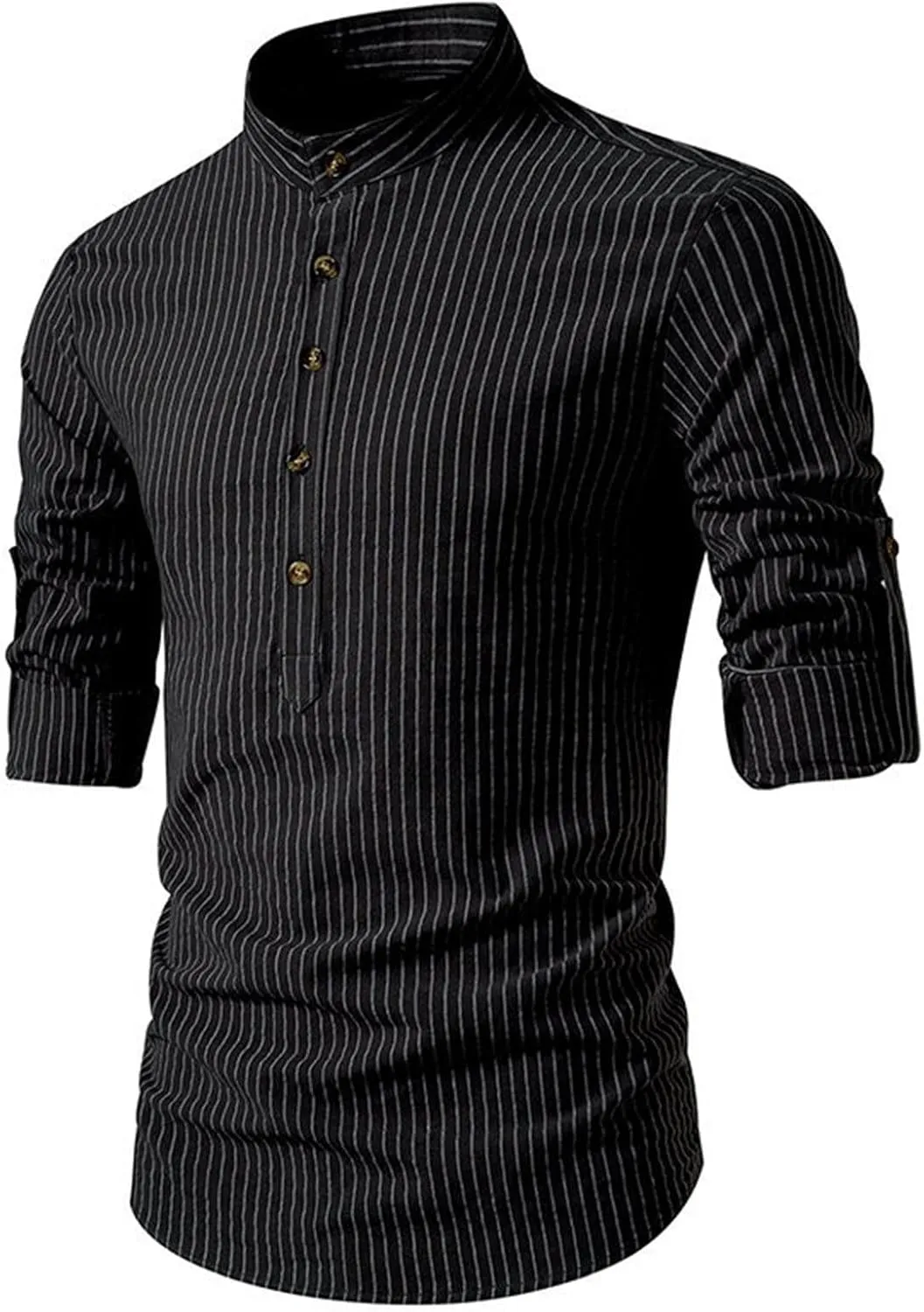 Linen Henley Shirts for Men Long Sleeve Striped Tshirts Summer Casual Work Tops Lightweight Breathable Clothes