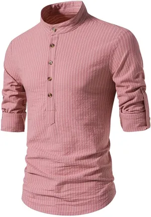 Linen Henley Shirts for Men Long Sleeve Striped Tshirts Summer Casual Work Tops Lightweight Breathable Clothes