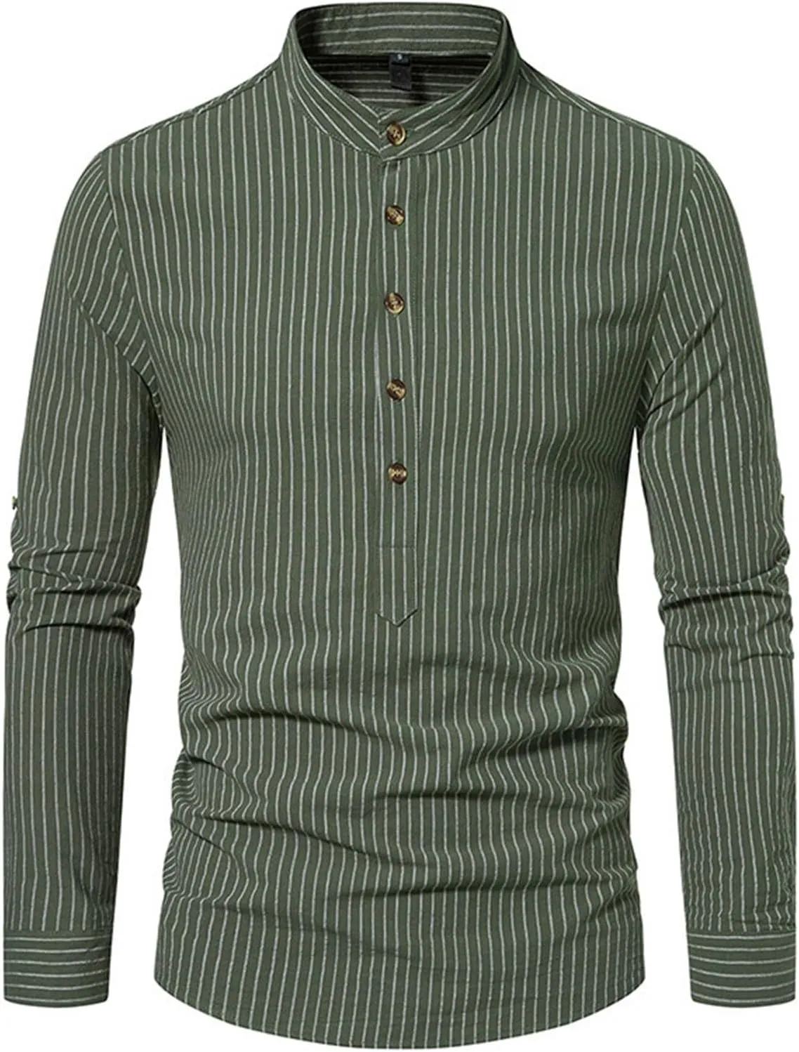Linen Henley Shirts for Men Long Sleeve Striped Tshirts Summer Casual Work Tops Lightweight Breathable Clothes