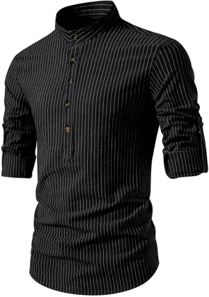 Linen Henley Shirts for Men Long Sleeve Striped Tshirts Summer Casual Work Tops Lightweight Breathable Clothes