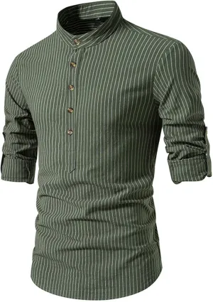 Linen Henley Shirts for Men Long Sleeve Striped Tshirts Summer Casual Work Tops Lightweight Breathable Clothes