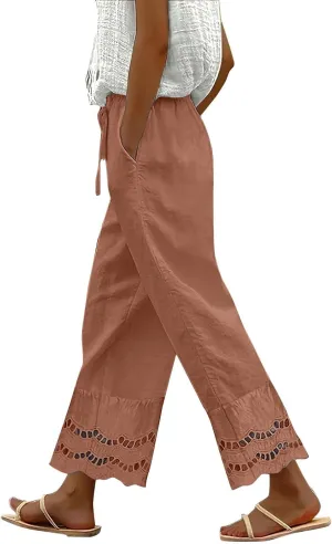 Linen Pants Women Wide Leg Cropped Lounge Trousers Drawstring Elastic Waist Summer Boho Palazzo Flowy Pant Outfits