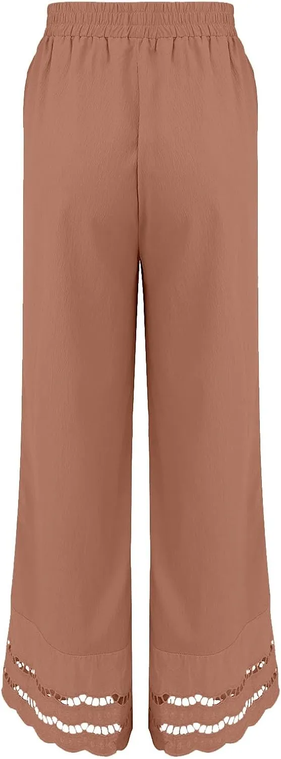 Linen Pants Women Wide Leg Cropped Lounge Trousers Drawstring Elastic Waist Summer Boho Palazzo Flowy Pant Outfits