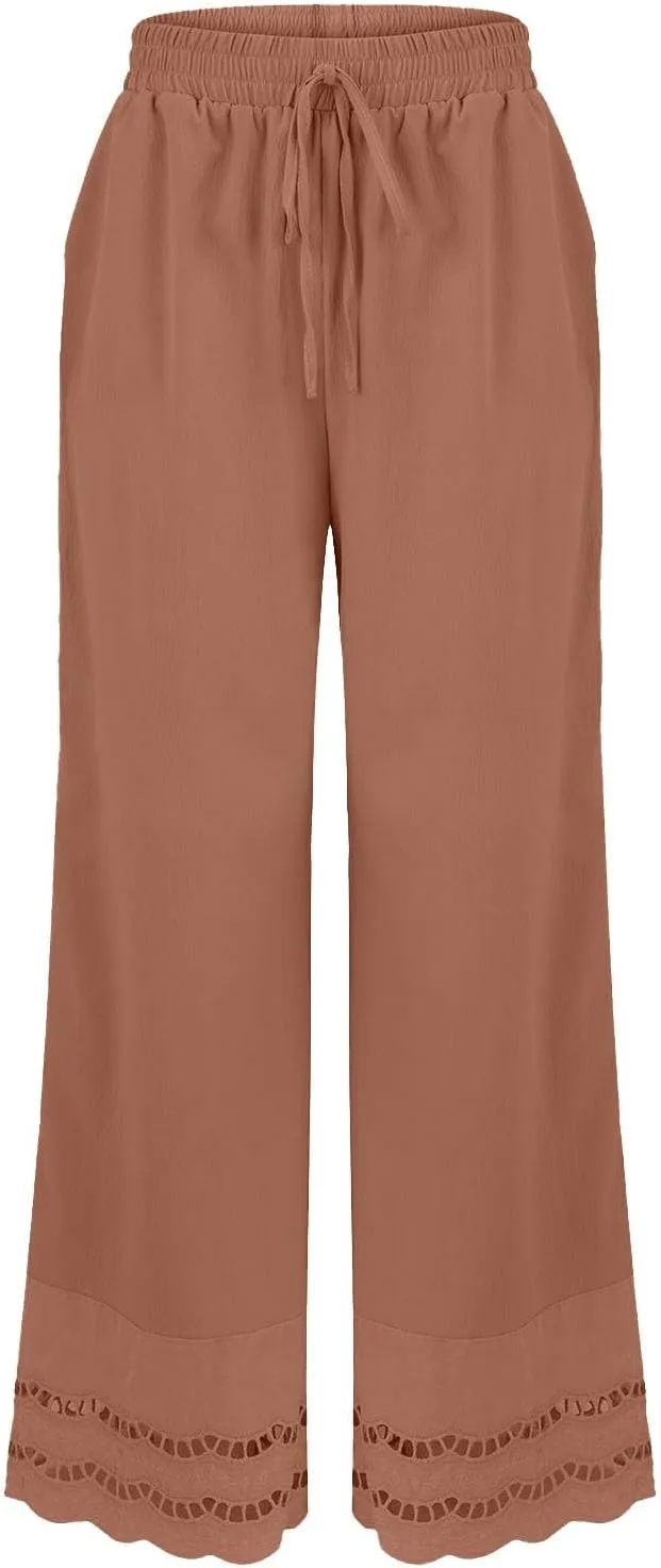 Linen Pants Women Wide Leg Cropped Lounge Trousers Drawstring Elastic Waist Summer Boho Palazzo Flowy Pant Outfits