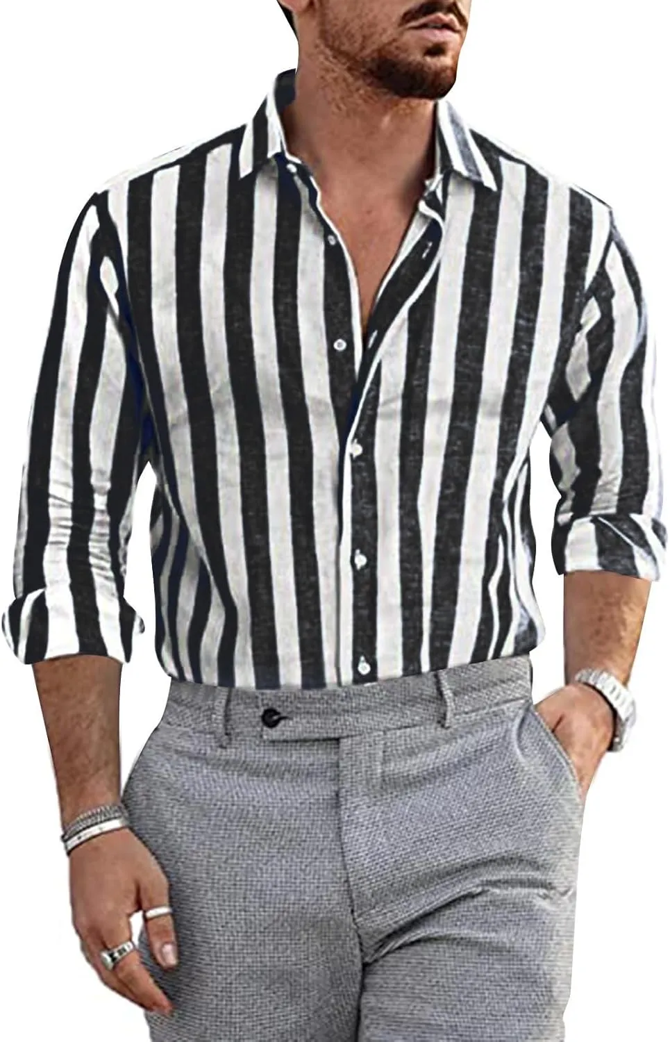 Linen Shirts for Men Long Sleeve Striped Tshirts Summer Casual Fashion Work Tops Lightweight Breathable Clothes